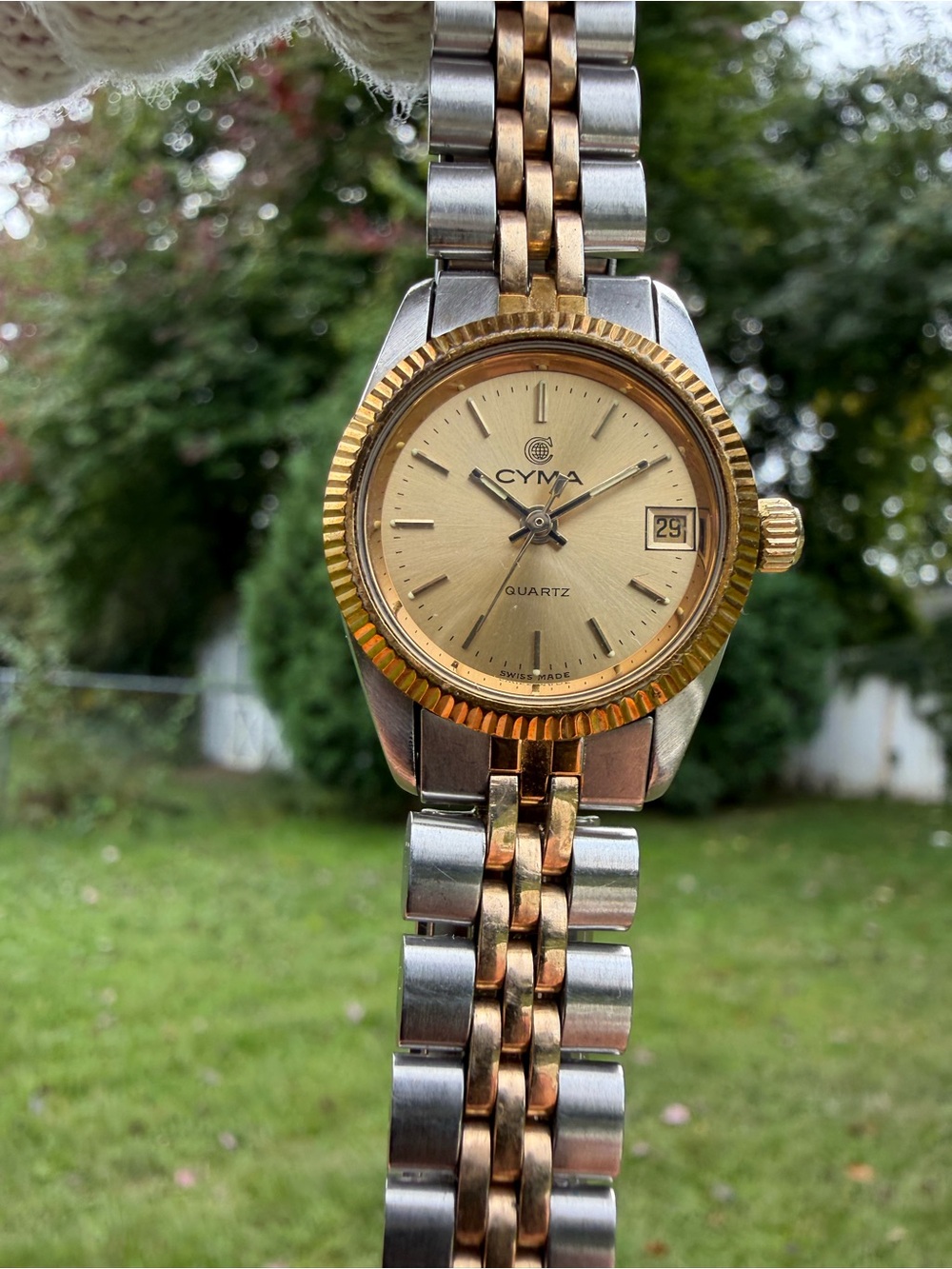 Vintage CYMA Swiss Made Ladies Two Tone Quartz Watch Fluted Bezel Gold Dial Date